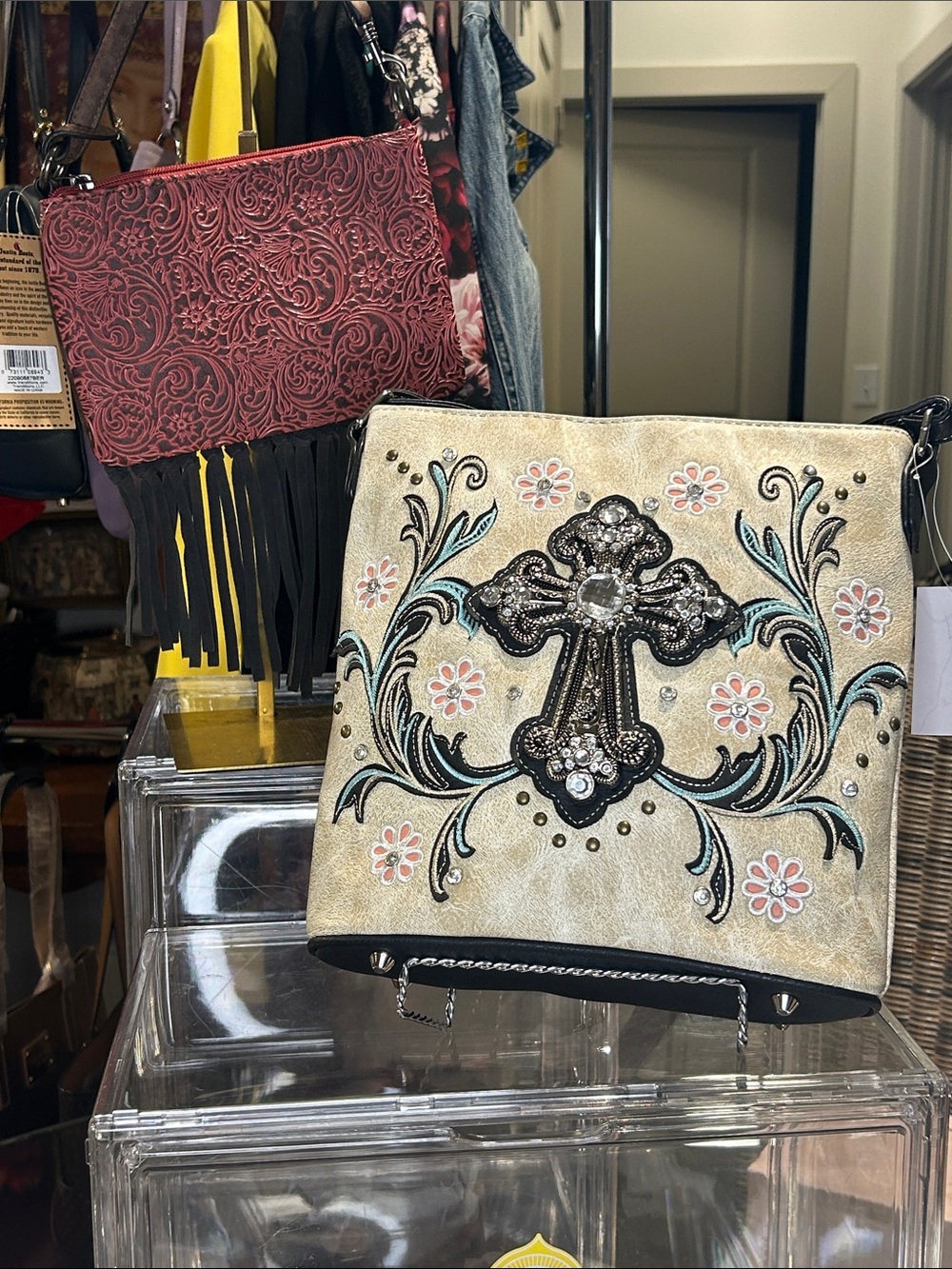 Beige Floral Cross Embellished Crossbody & Justin Convertible Bag Vegan NWT